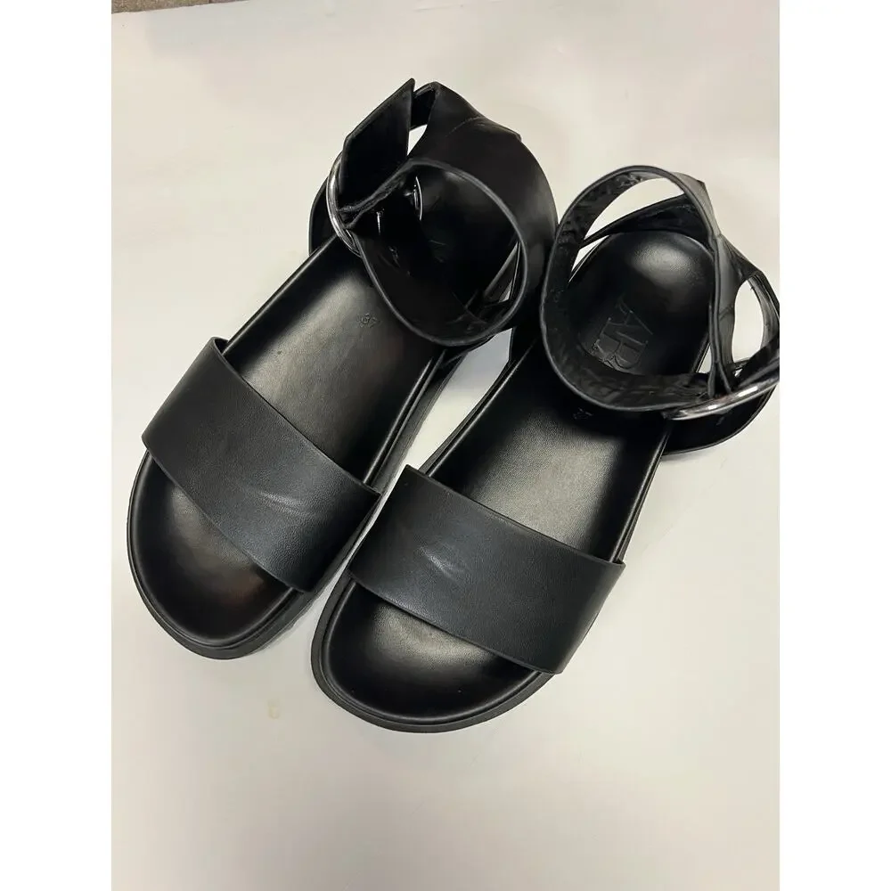 ZARA Leather Black Platform Sandals Wide Strap Ankle Buckle Chunky Shoes - Picture 2 of 9